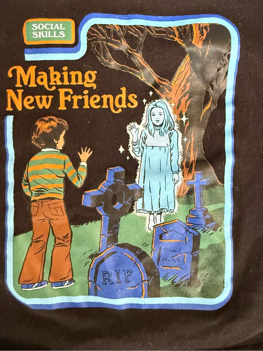 Making New Friends Crop Top Tee -Social Skills- Black/Blue/Orange